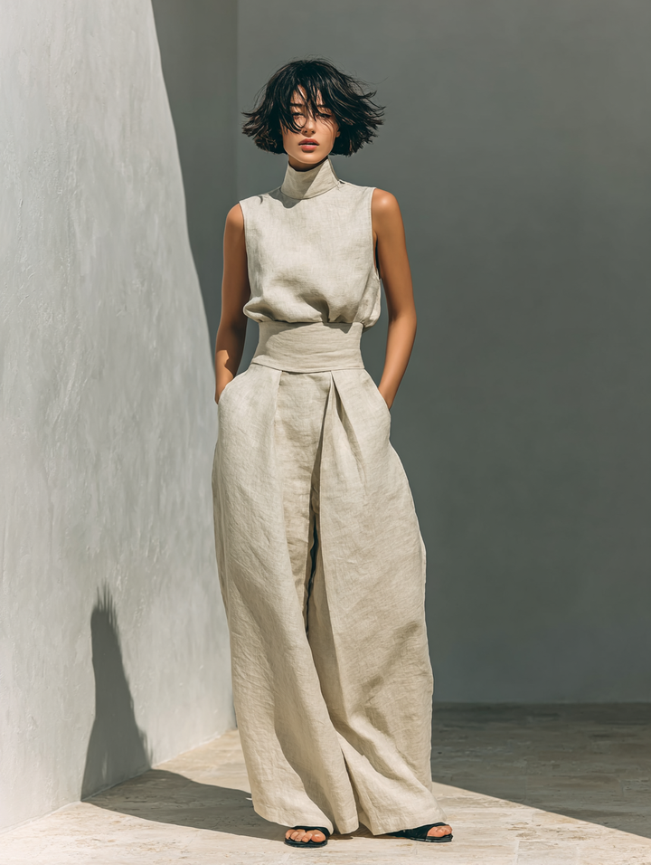 Completo composto da blusa senza maniche e pantaloni a gamba larga in misto cotone e lino.