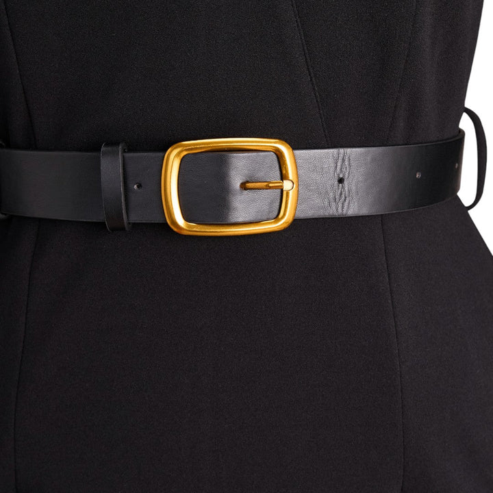 Marina | Edles schwarzes Kleid mit Gürtel und Mandarin-Kragen