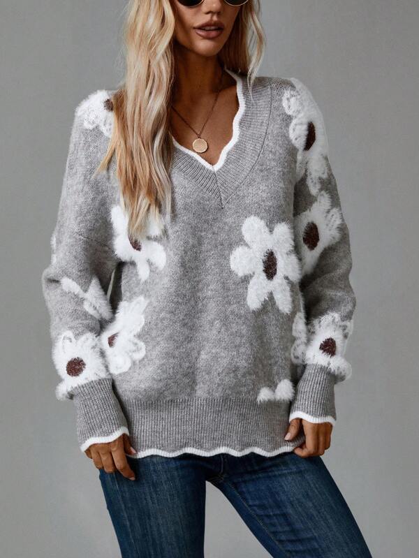 PAULA | ELEGANTE MAGLIONE A FIORI CON SCOLLO A V