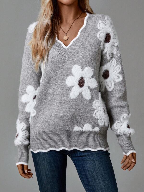 PAULA | ELEGANTE MAGLIONE A FIORI CON SCOLLO A V