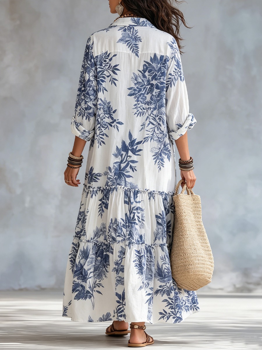Dahlia™ | Maxi abito a balze con bottoni e stampa floreale Bohemian Blue