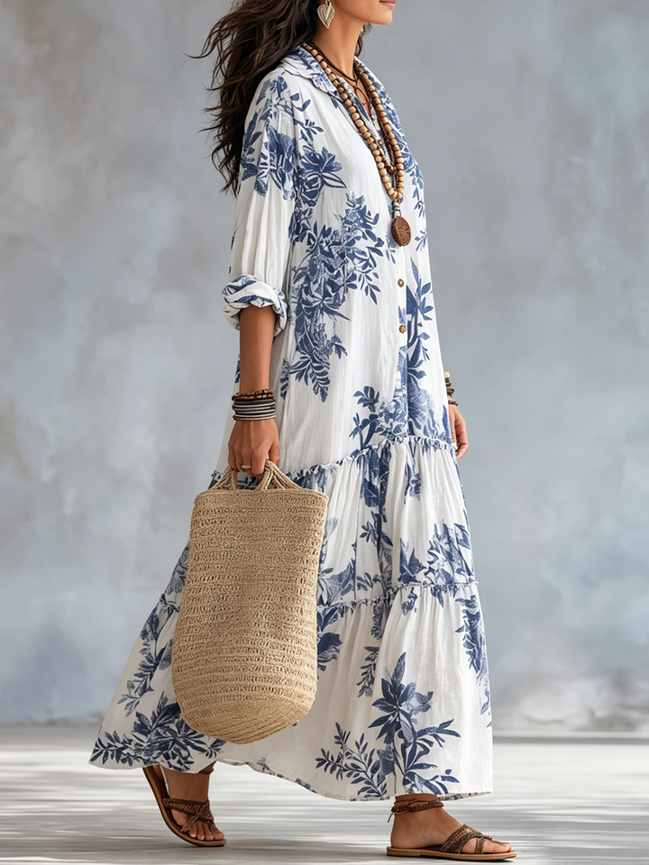 Dahlia™ | Maxi abito a balze con bottoni e stampa floreale Bohemian Blue