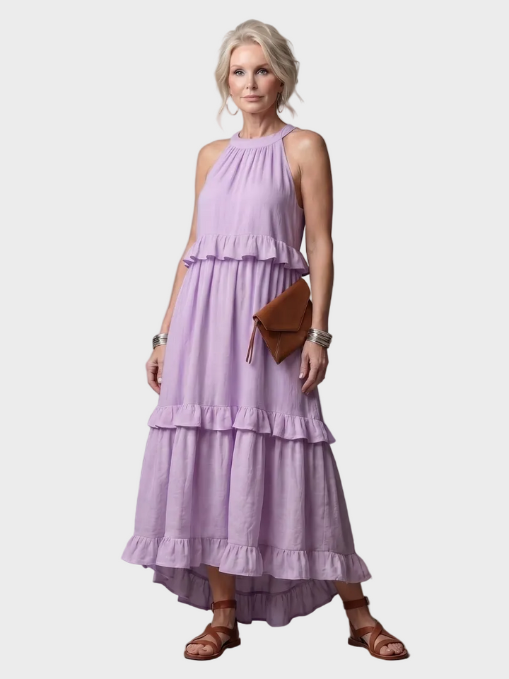 Katia - Abito lungo con scollo all'americana e volant