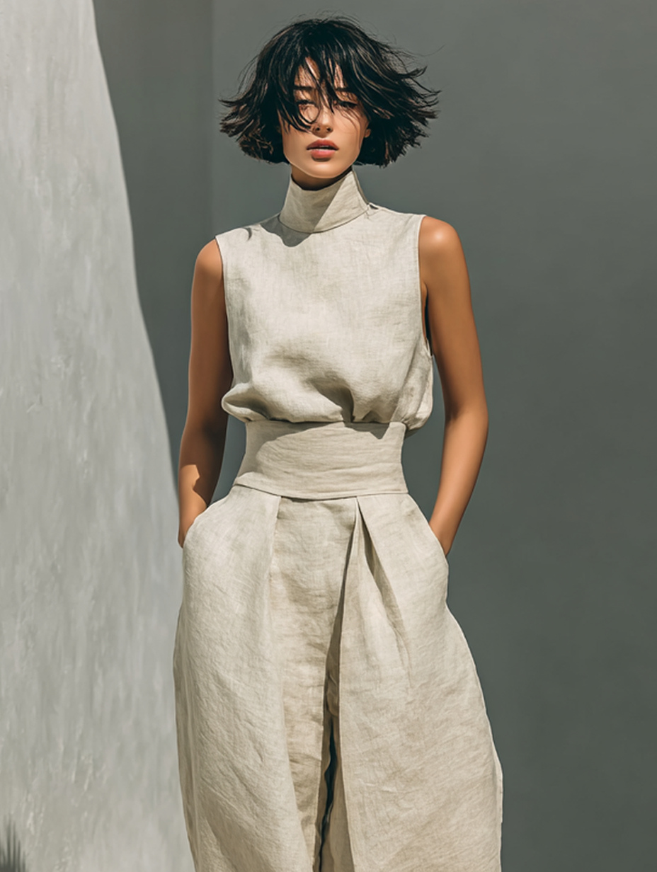 Completo composto da blusa senza maniche e pantaloni a gamba larga in misto cotone e lino.