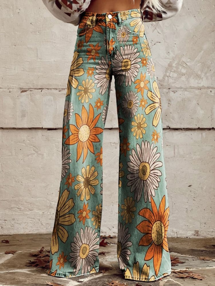 Pantaloni in denim boho con stampa floreale
