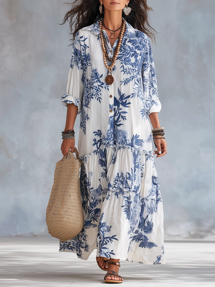 Dahlia™ | Maxi abito a balze con bottoni e stampa floreale Bohemian Blue