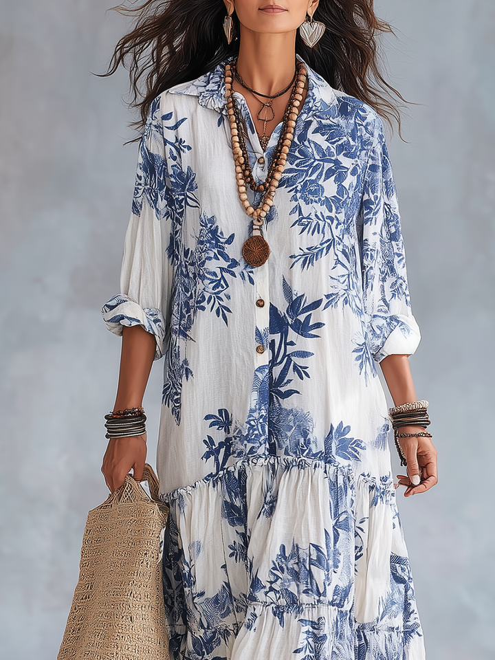 Dahlia™ | Maxi abito a balze con bottoni e stampa floreale Bohemian Blue