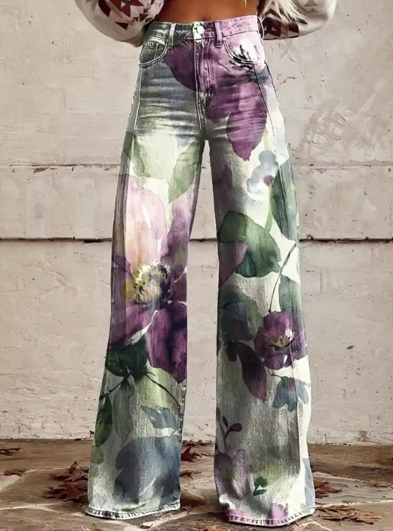 Pantaloni vintage boho con stampa floreale viola