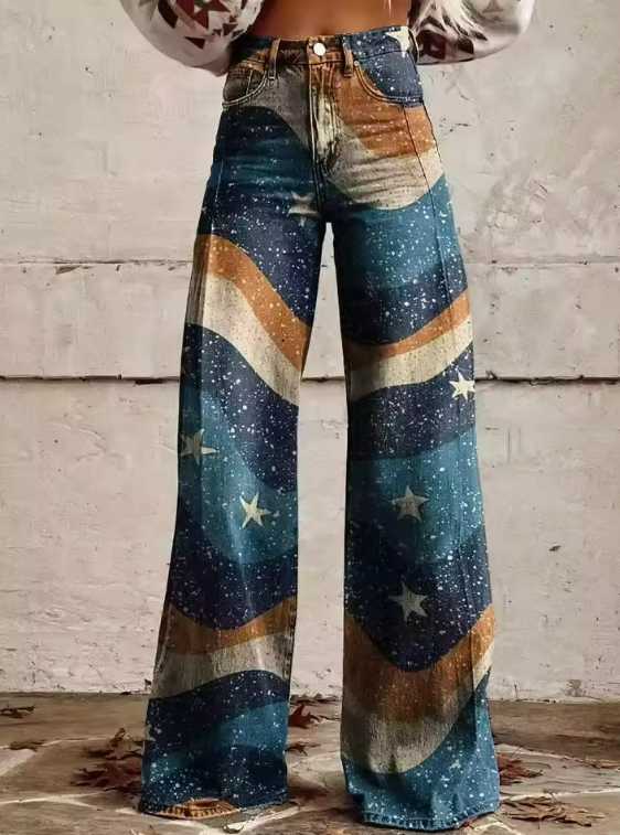 Pantaloni boho vintage con stampa a stelle e strisce