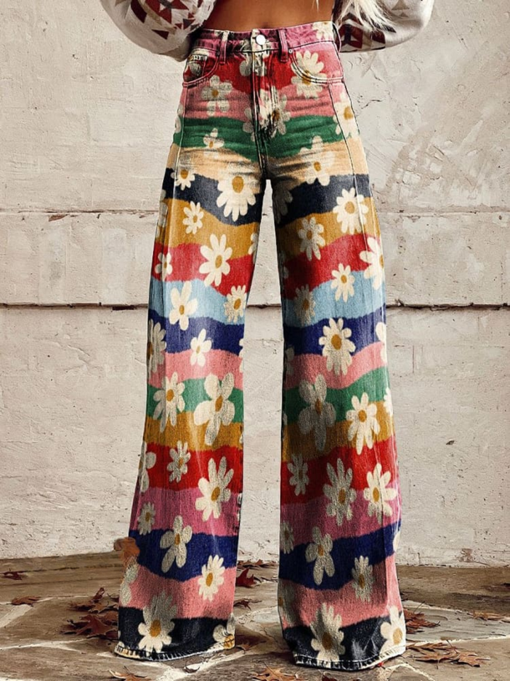 Pantaloni vintage boho con stampa floreale a righe arcobaleno