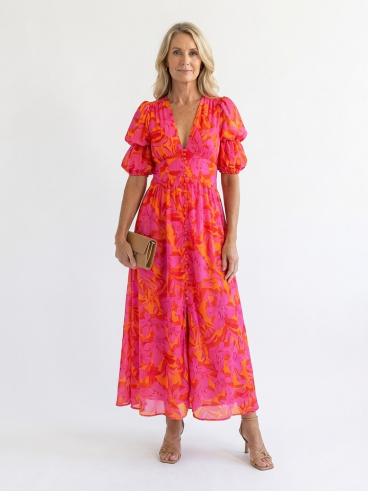 Willow | Vestito midi a fiori con scollo a V e maniche a sbuffo