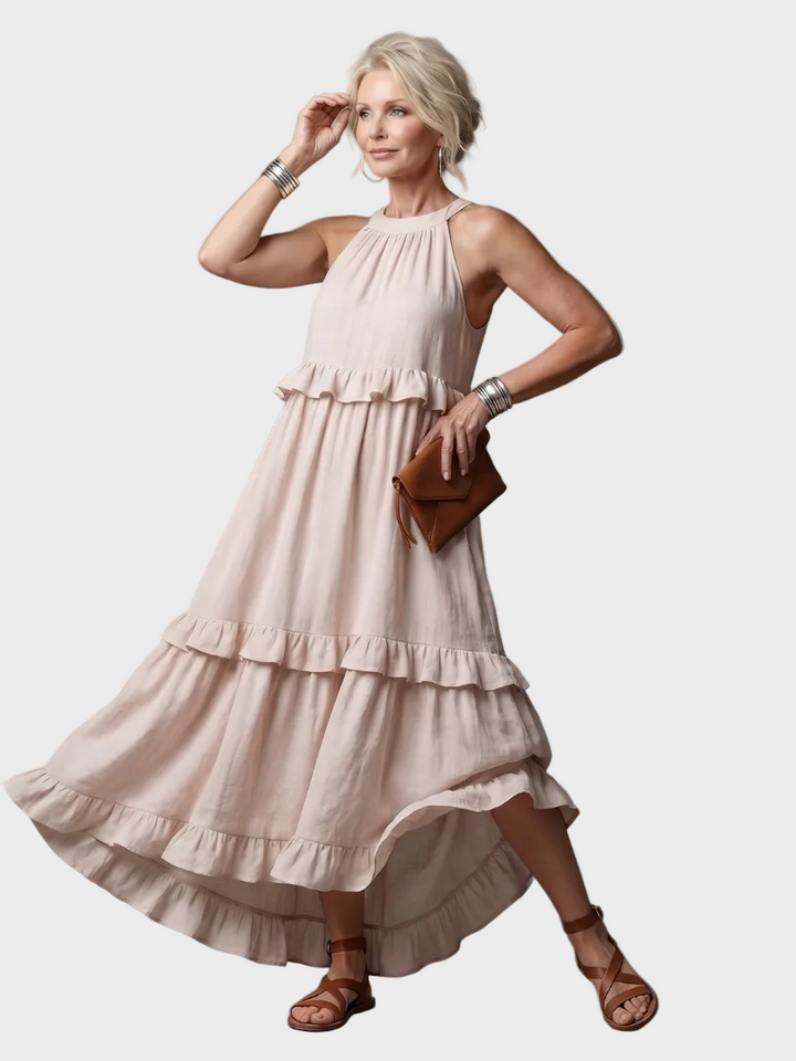 Katia - Abito lungo con scollo all'americana e volant