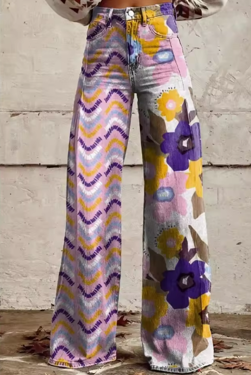 Pantaloni vintage boho con stampa floreale viola e gialla
