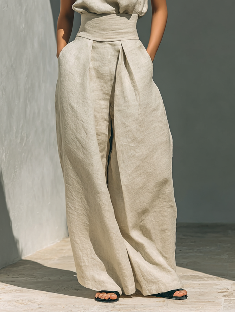 Completo composto da blusa senza maniche e pantaloni a gamba larga in misto cotone e lino.