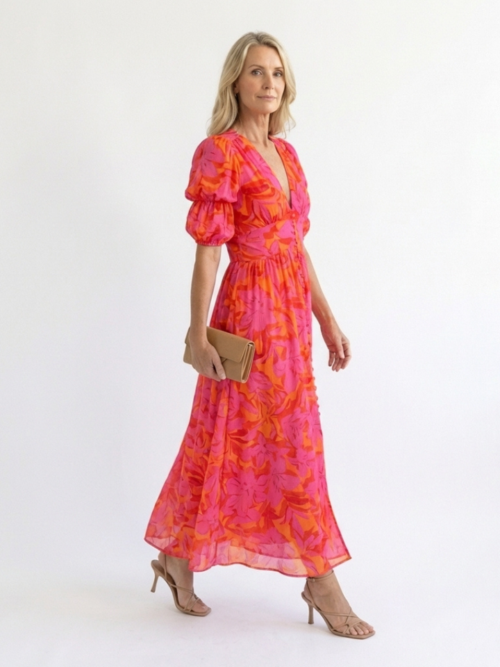 Willow | Vestito midi a fiori con scollo a V e maniche a sbuffo