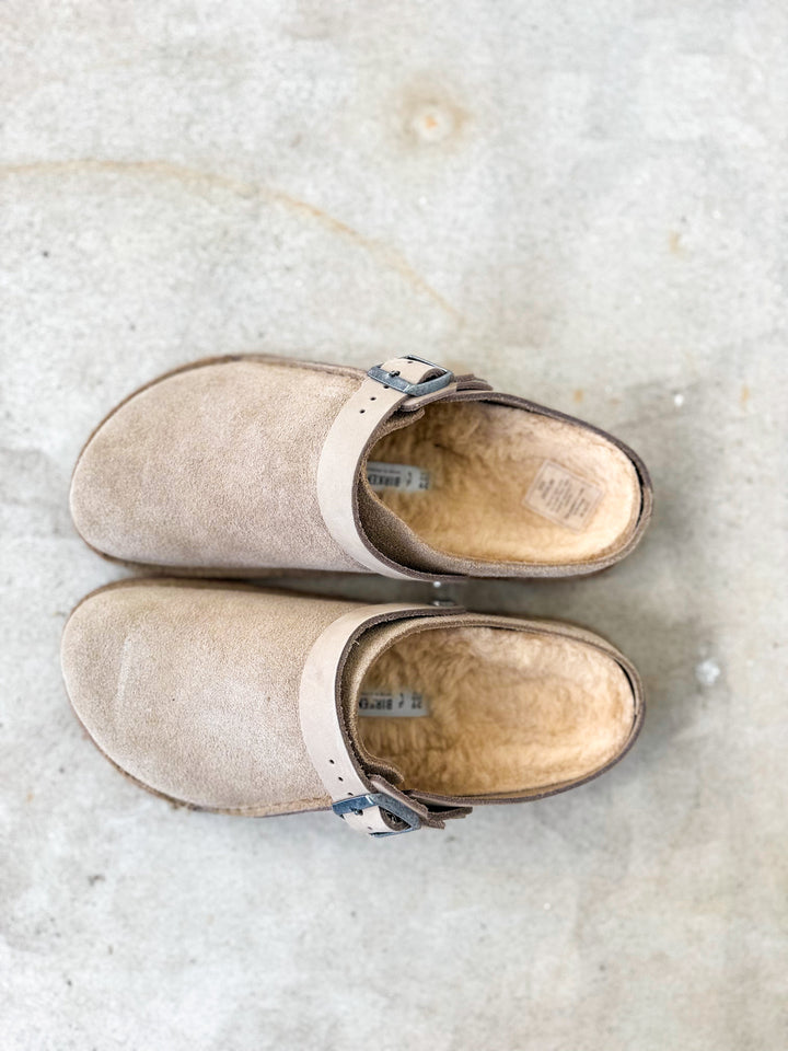 Zoccoli Birkenstock Lutry Premium in montone - Taupe