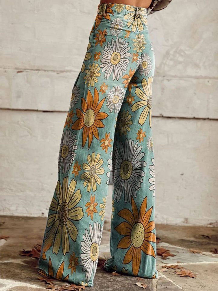Pantaloni in denim boho con stampa floreale