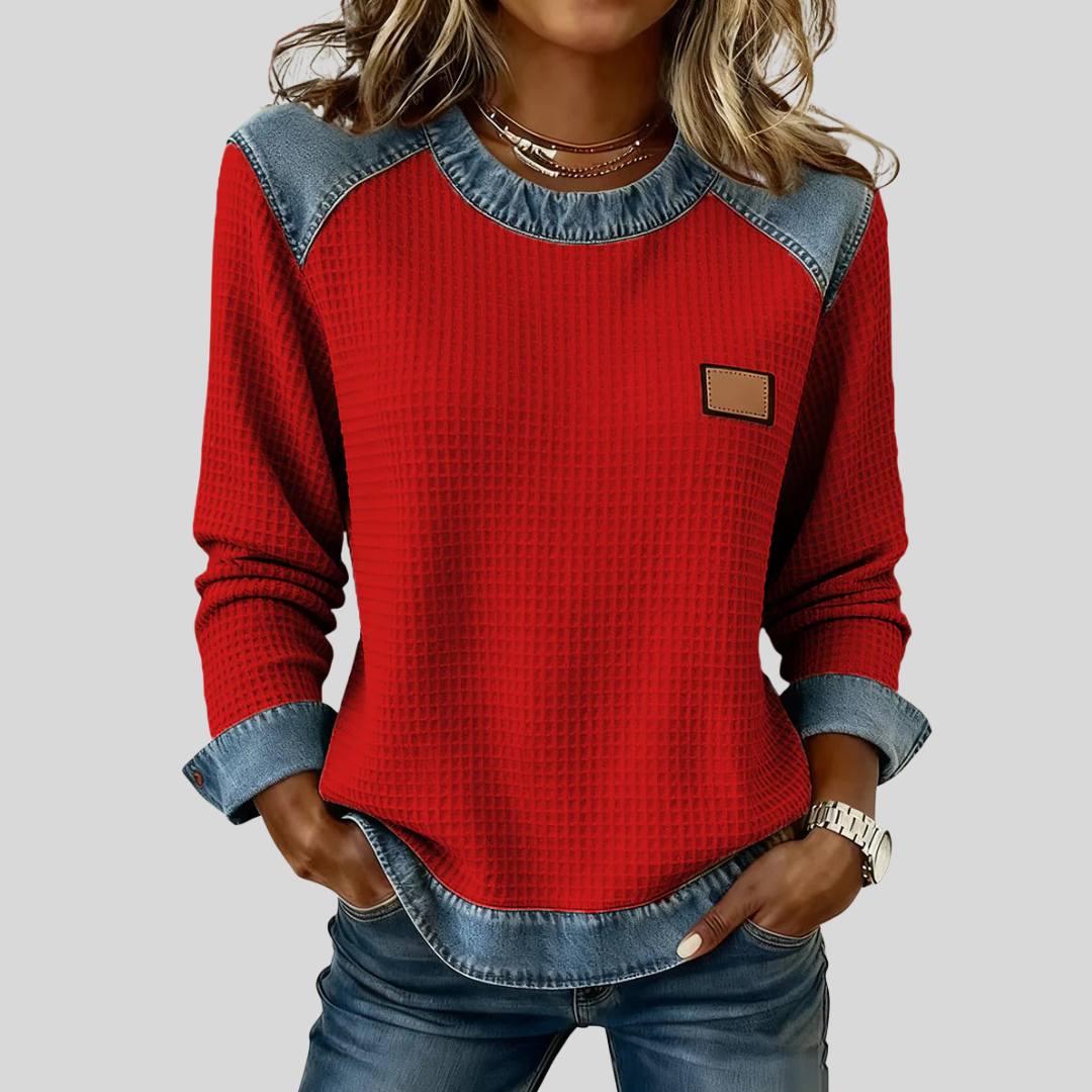 OLIVIA | Felpa da donna in maglia waffle con dettagli patchwork