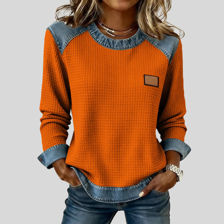 OLIVIA | Felpa da donna in maglia waffle con dettagli patchwork