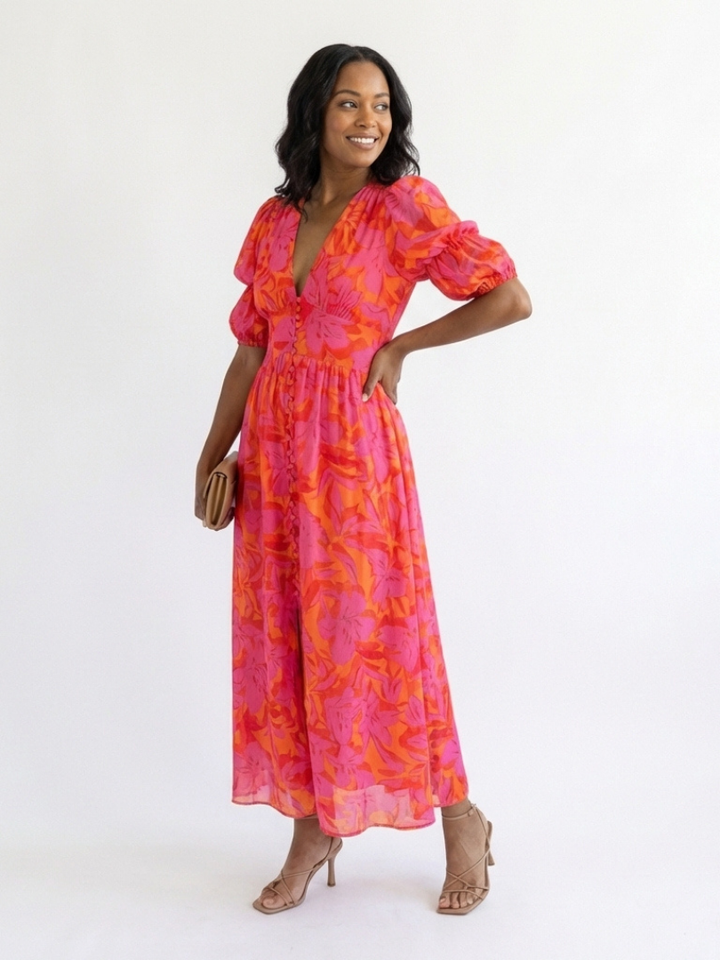 Willow | Vestito midi a fiori con scollo a V e maniche a sbuffo