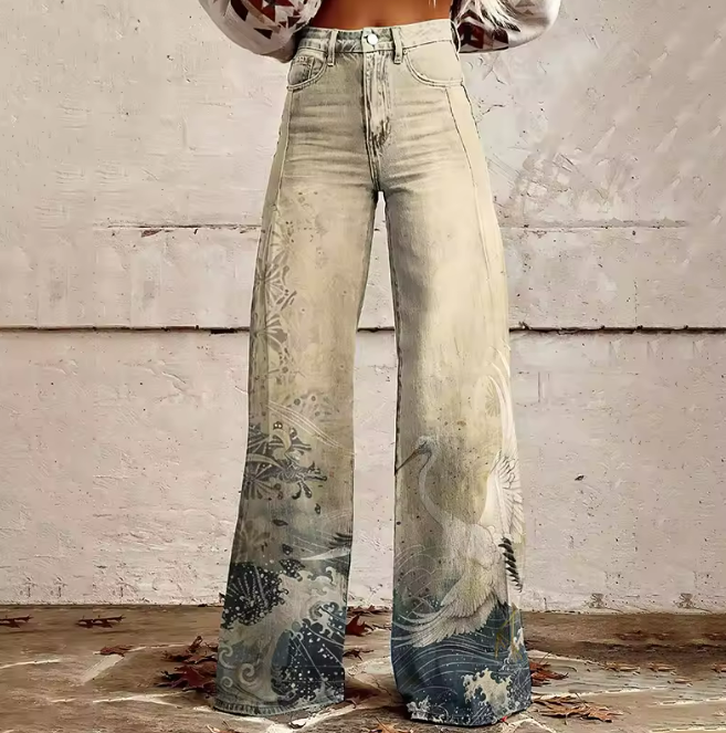Pantaloni vintage Boho con onde e uccelli beige