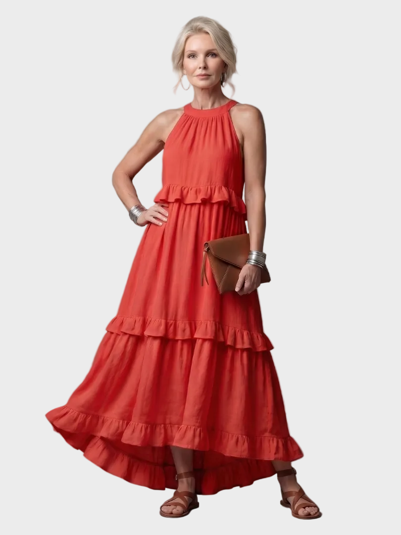 Katia - Abito lungo con scollo all'americana e volant