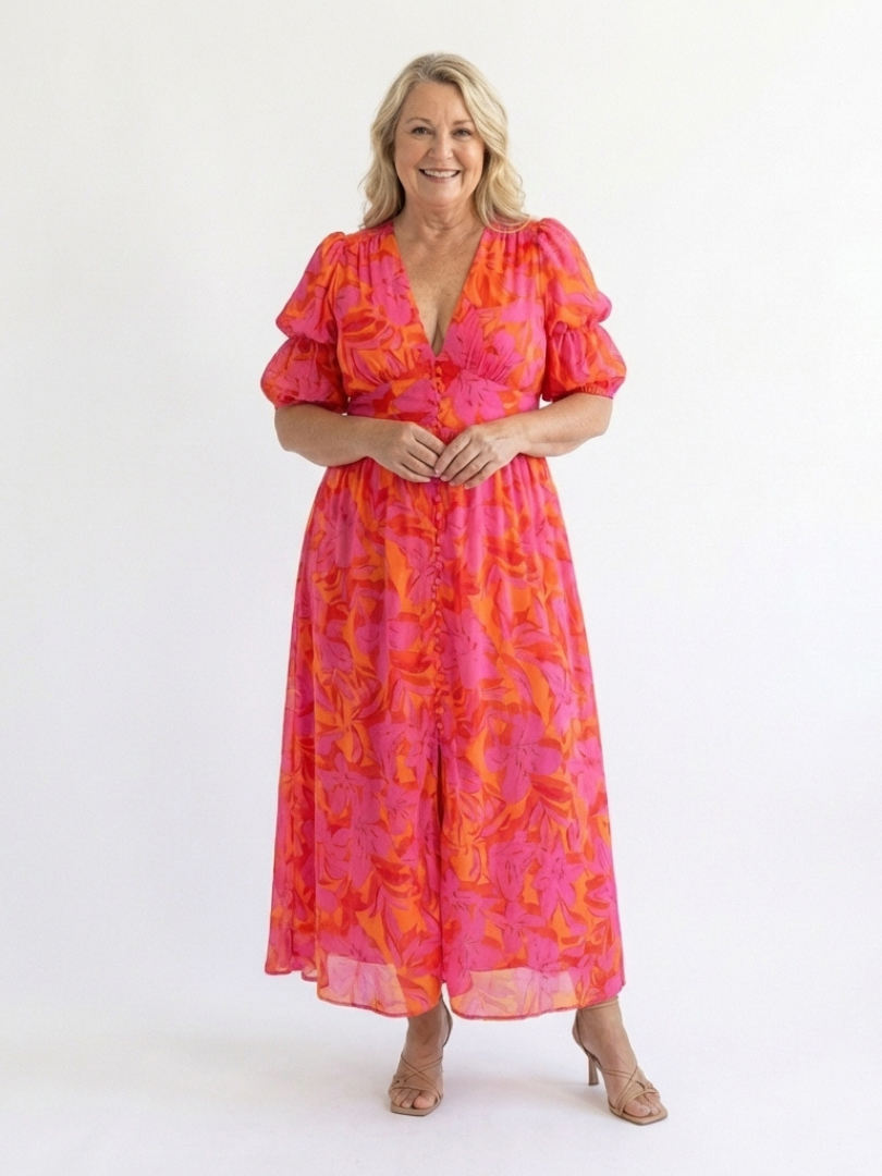 Willow | Vestito midi a fiori con scollo a V e maniche a sbuffo