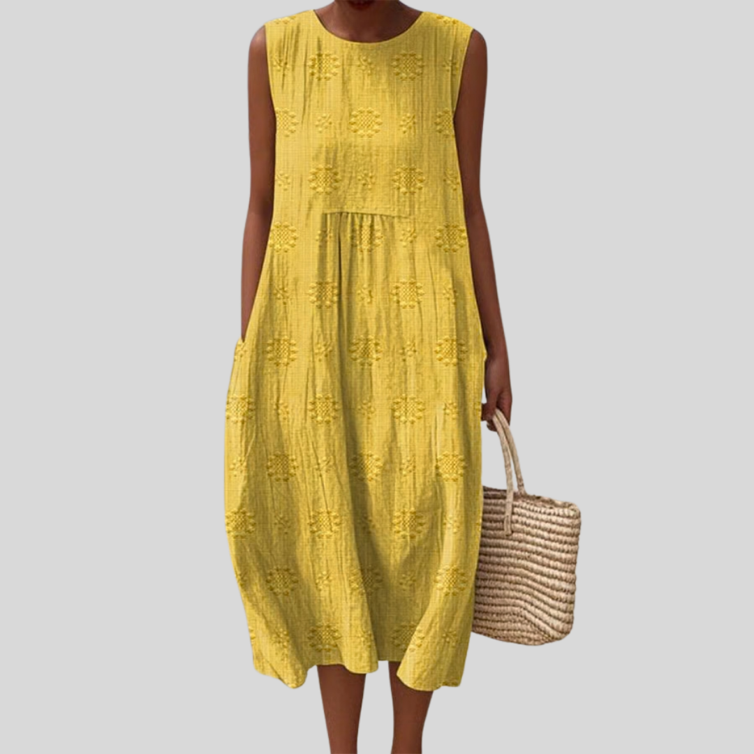 Yellow Linen Dress with V-Neck