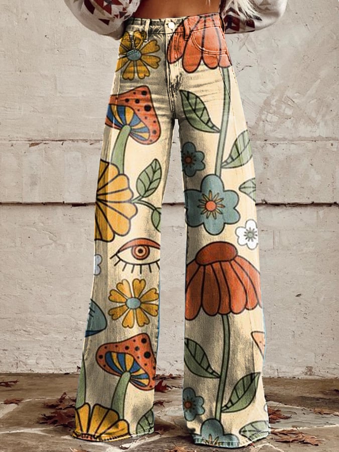 Pantaloni vintage boho con stampa a fungo