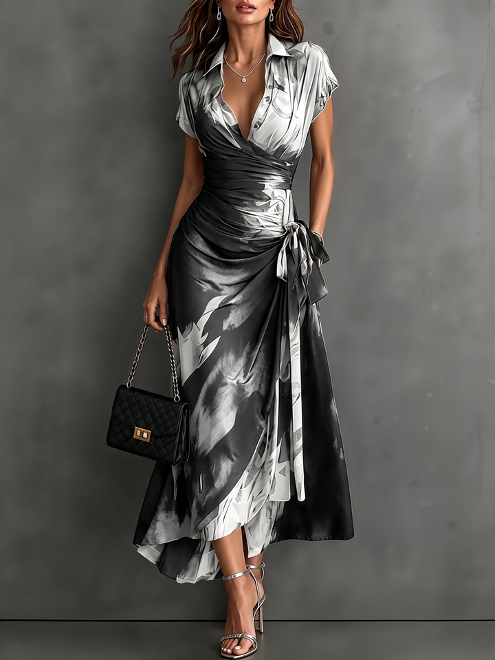 Carlotta | Vestito midi a portafoglio con stampa astratta, bianco e nero