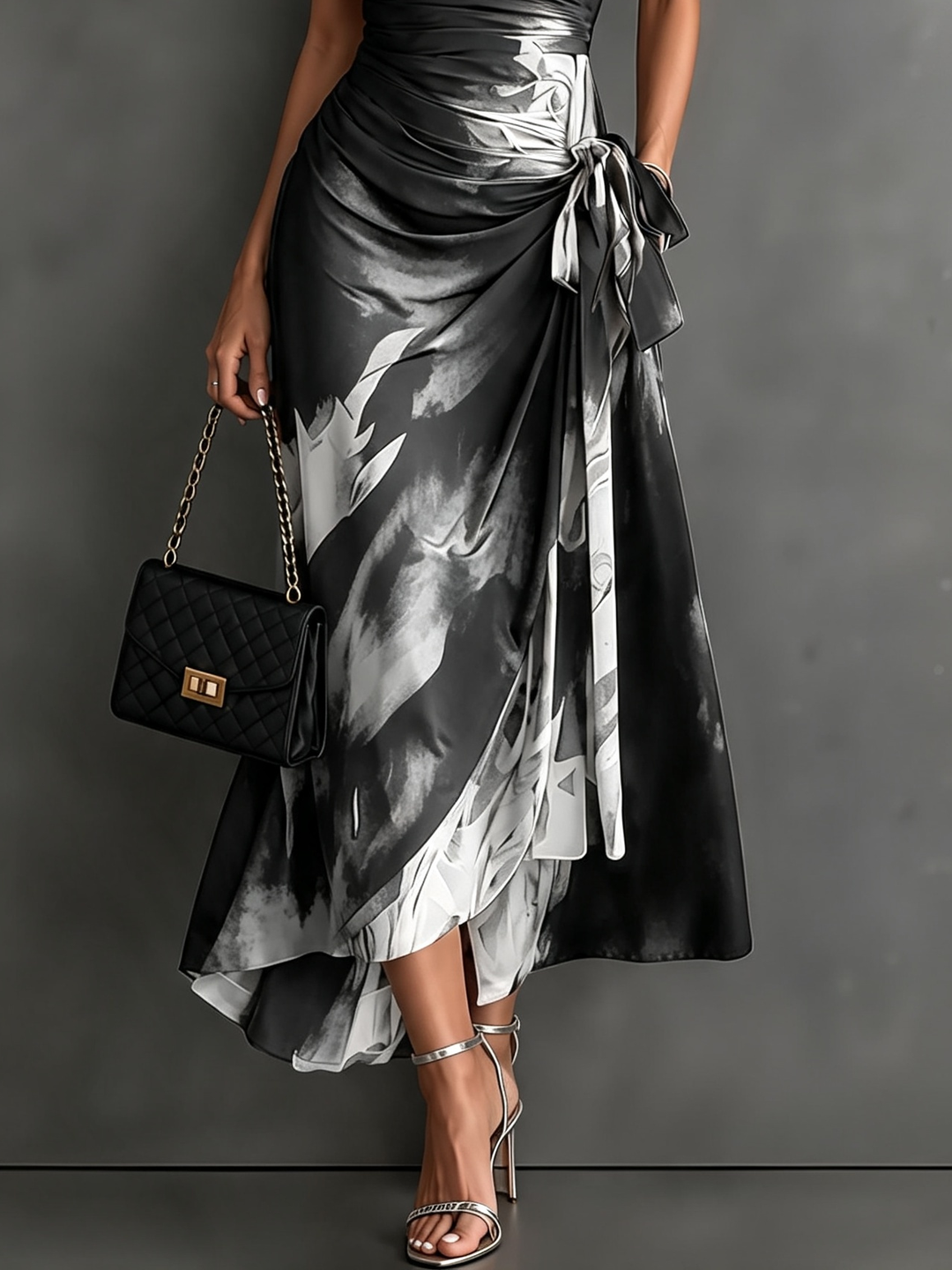 Carlotta | Vestito midi a portafoglio con stampa astratta, bianco e nero