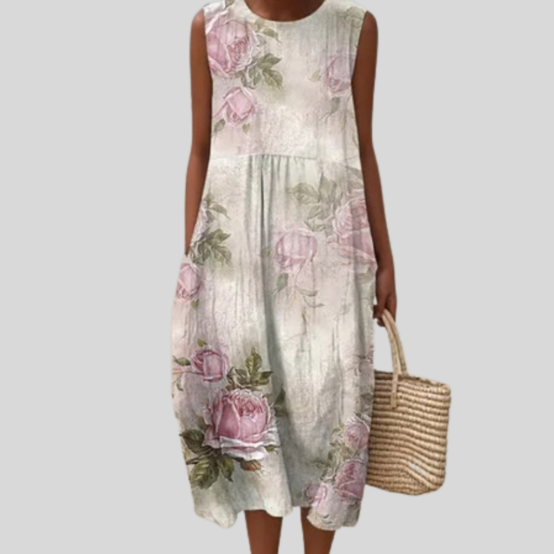 Cream-Coloured Dress with Rose Design