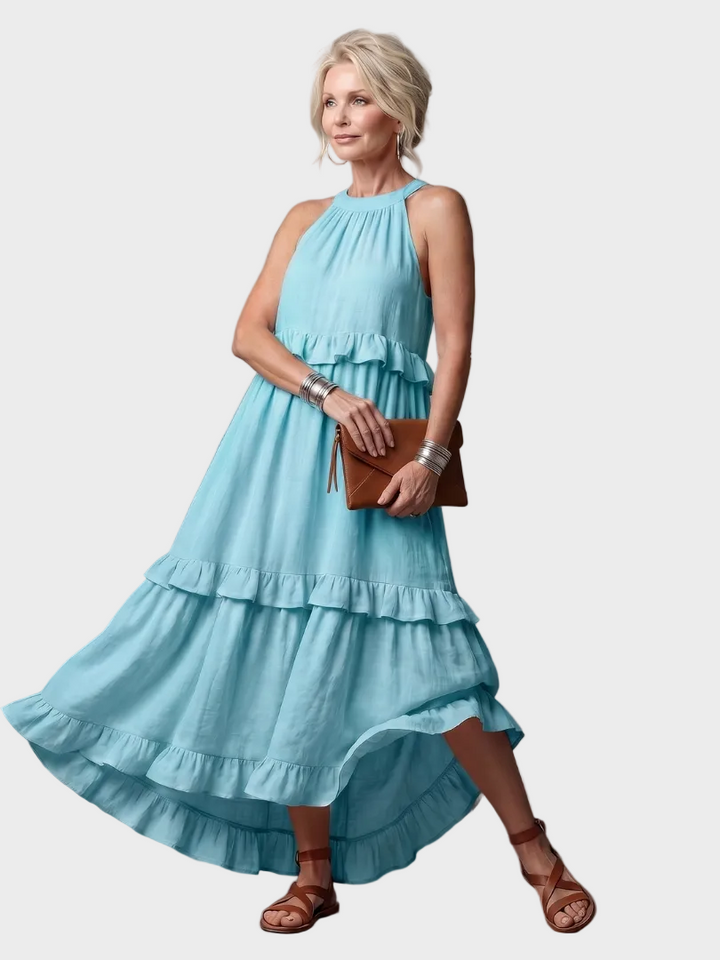 Katia - Abito lungo con scollo all'americana e volant