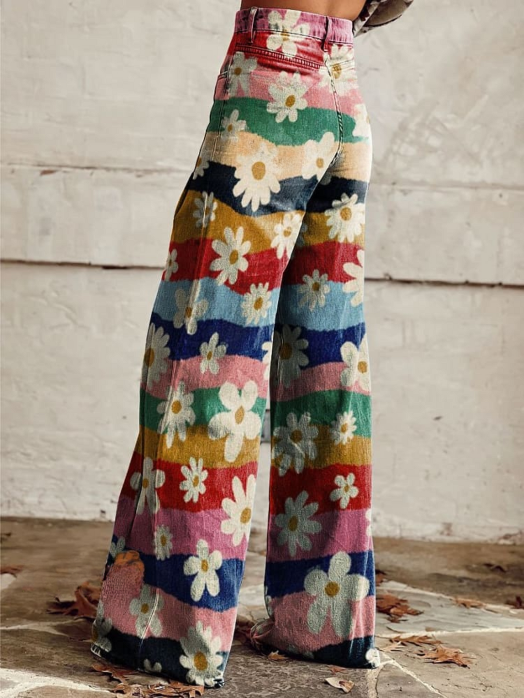 Pantaloni vintage boho con stampa floreale a righe arcobaleno