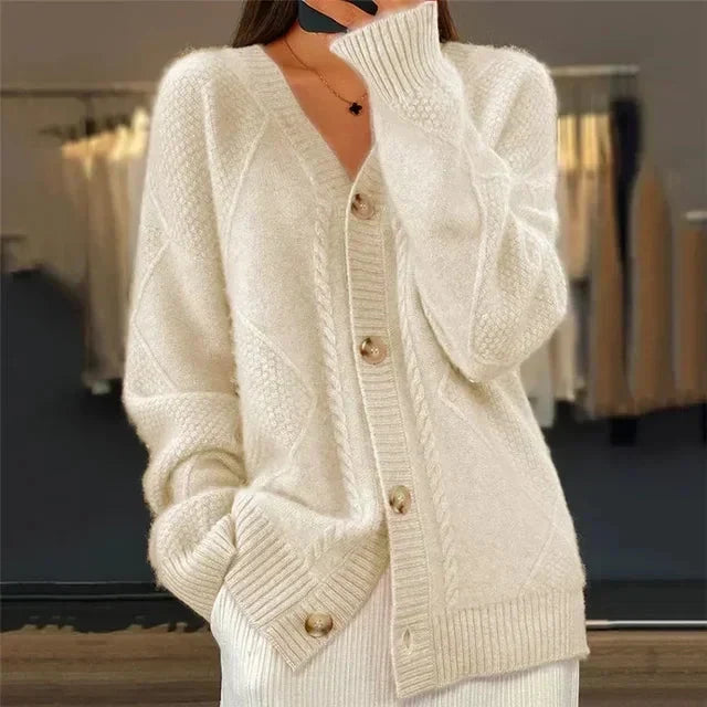 Aaliyah | Cardigan con scollo a V e bottoni frontali, dettaglio in maglia a rombi, perfetto per tutti i giorni