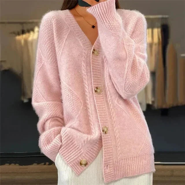 Aaliyah | Cardigan con scollo a V e bottoni frontali, dettaglio in maglia a rombi, perfetto per tutti i giorni