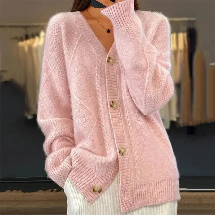 Aaliyah | Cardigan con scollo a V e bottoni frontali, dettaglio in maglia a rombi, perfetto per tutti i giorni