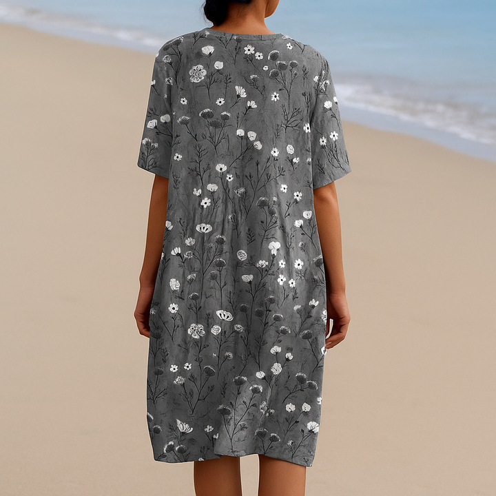 Clara - Charcoal Floral Dress with White Accents