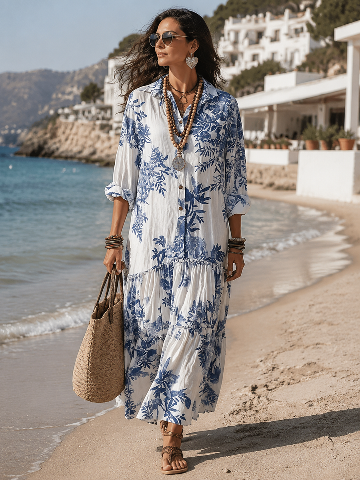 Dahlia™ | Maxi abito a balze con bottoni e stampa floreale Bohemian Blue