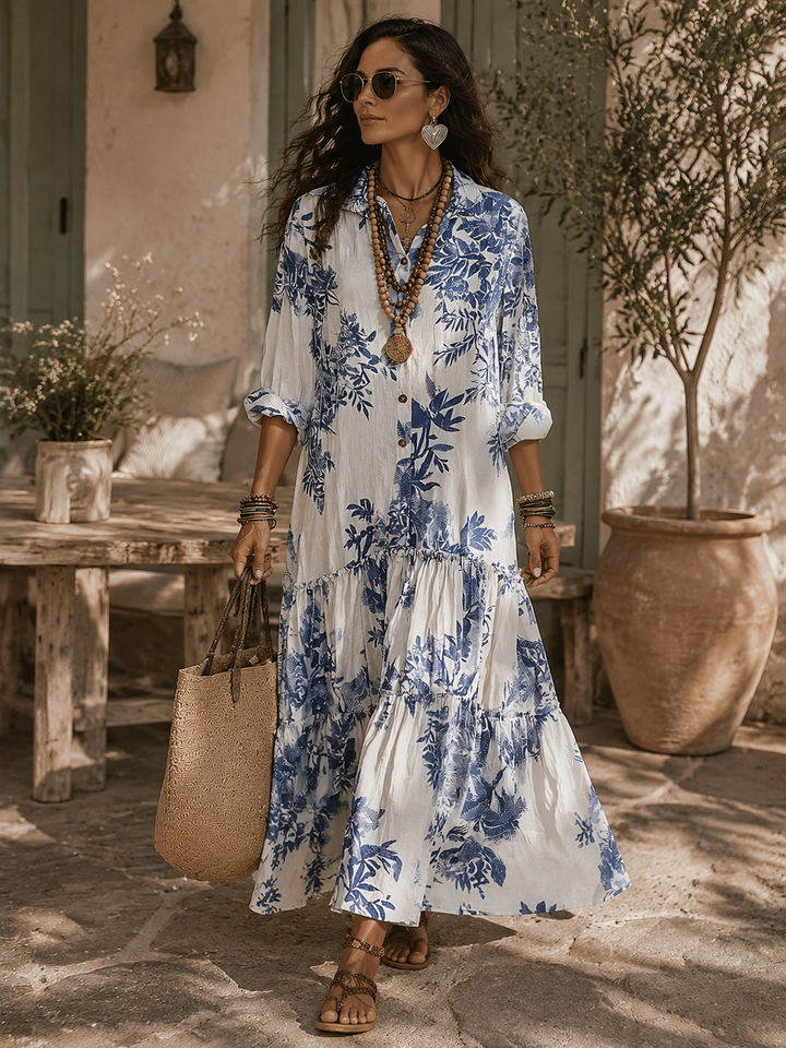 Dahlia™ | Maxi abito a balze con bottoni e stampa floreale Bohemian Blue