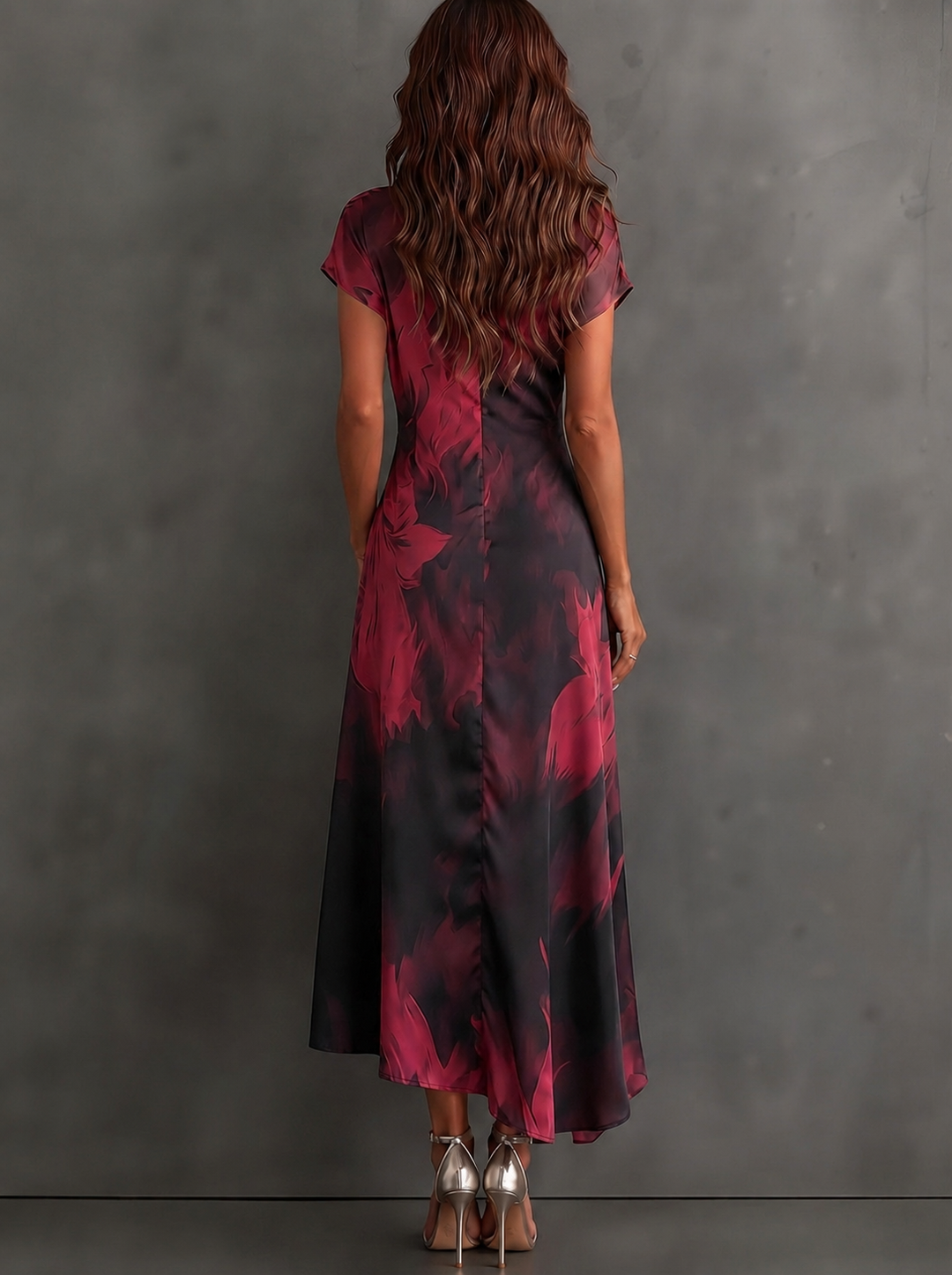Beatrice | Vestito midi a portafoglio con stampa astratta, bordeaux