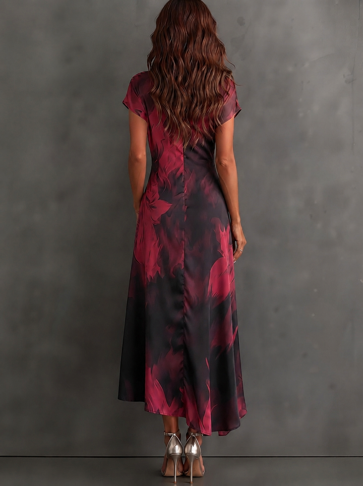 Beatrice | Vestito midi a portafoglio con stampa astratta, bordeaux