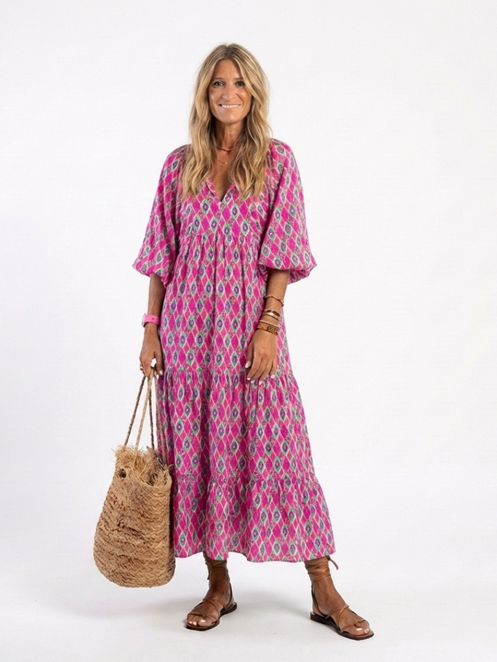 Apolline | Vestito midi fantasia con scollo a V e maniche a tre quarti