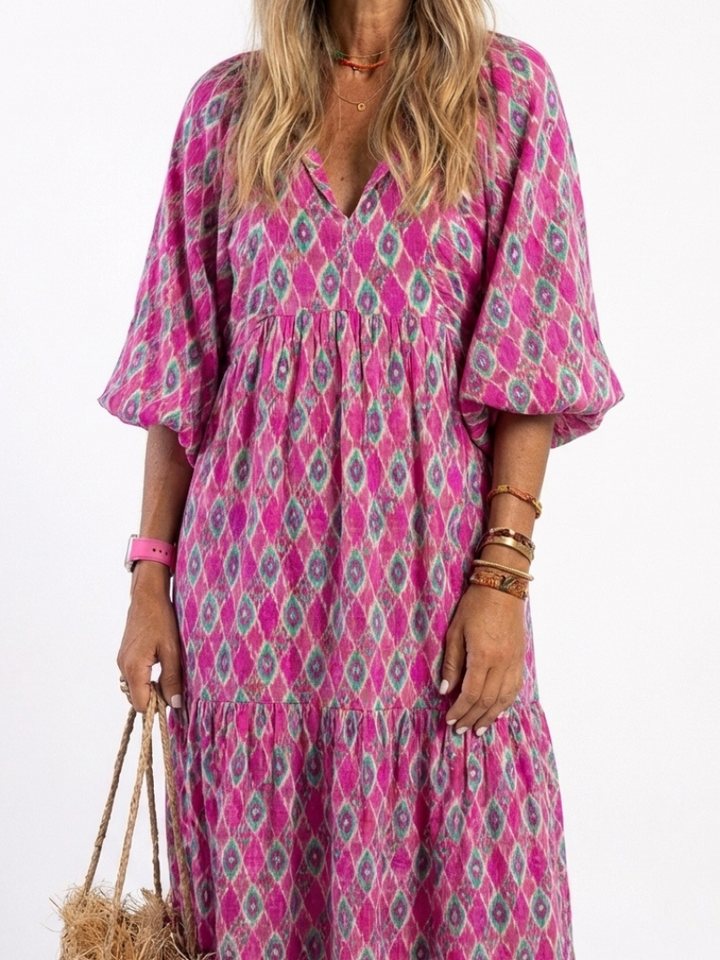 Apolline | Vestito midi fantasia con scollo a V e maniche a tre quarti