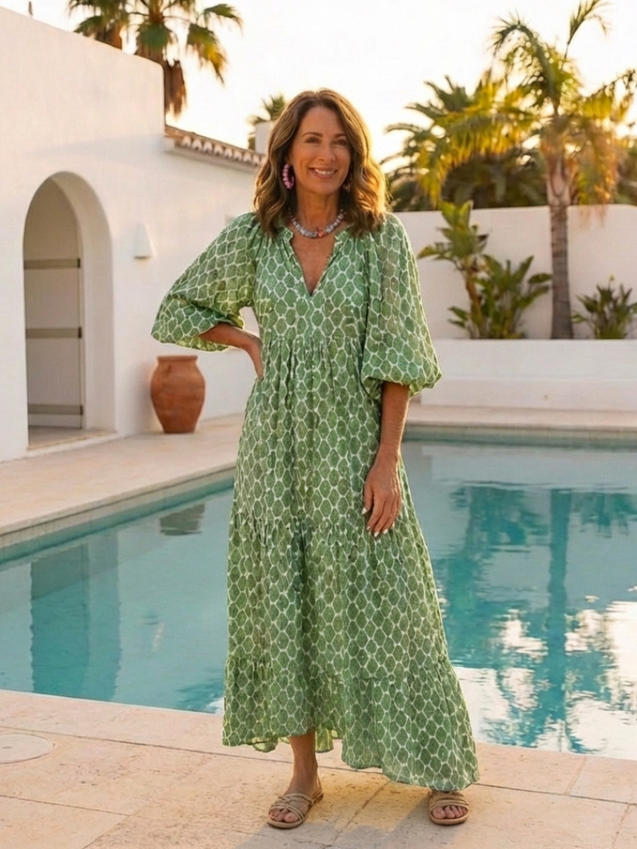 Apolline | Vestito midi fantasia con scollo a V e maniche a tre quarti