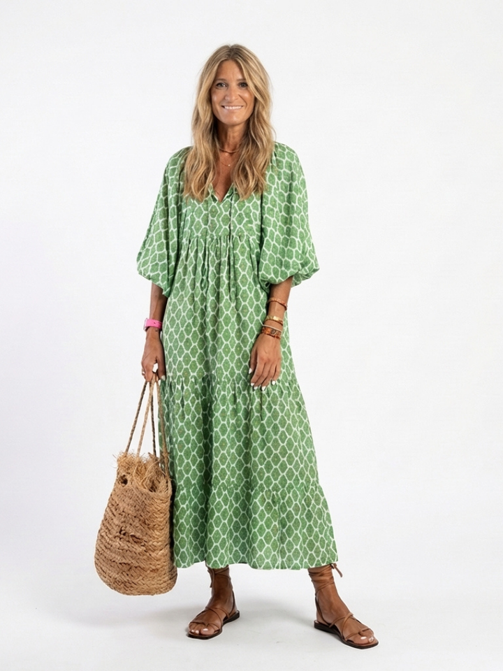 Apolline | Vestito midi fantasia con scollo a V e maniche a tre quarti