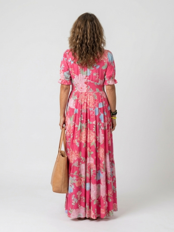 Ione | Vestito midi a fiori con scollo a V e maniche corte