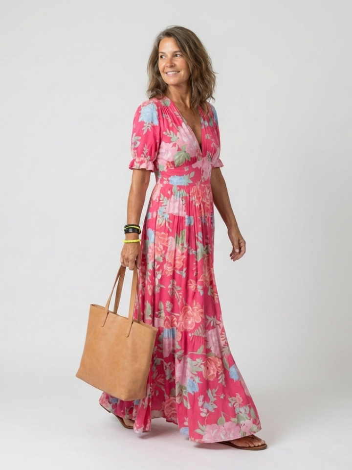 Ione | Vestito midi a fiori con scollo a V e maniche corte