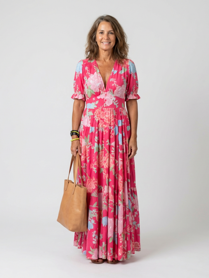 Ione | Vestito midi a fiori con scollo a V e maniche corte