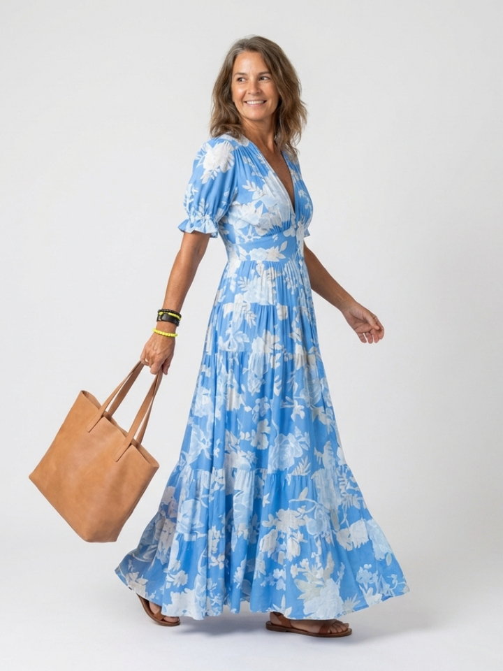 Ione | Vestito midi a fiori con scollo a V e maniche corte